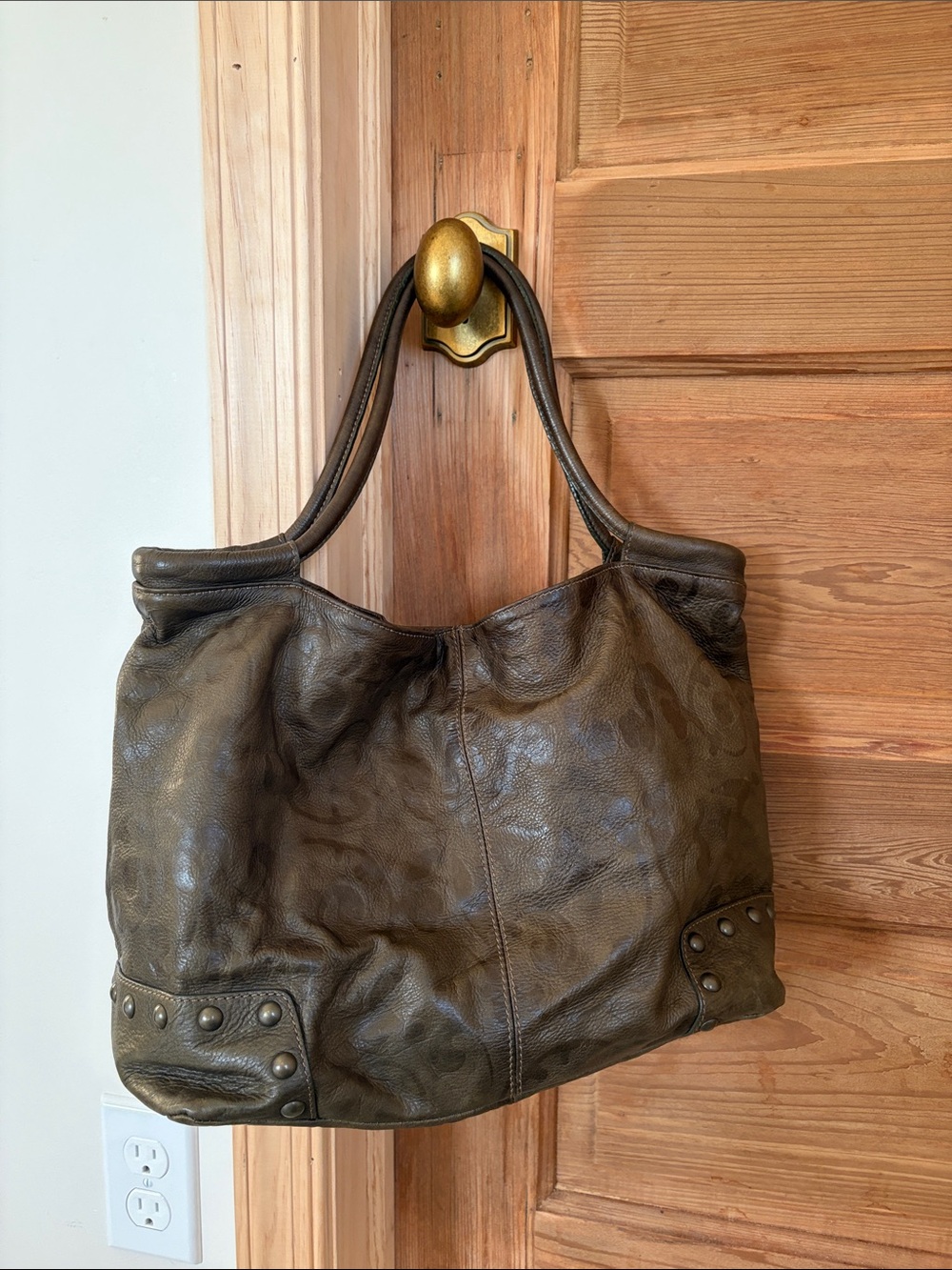 Stud Accent Shoulder Tote in Olive Brown